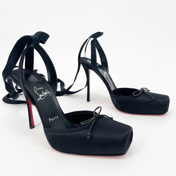 NWOB Christian Louboutin Cassia Black Crepe Satin Lace Up Square Toe Heels EU 38 - Picture 4 of 15